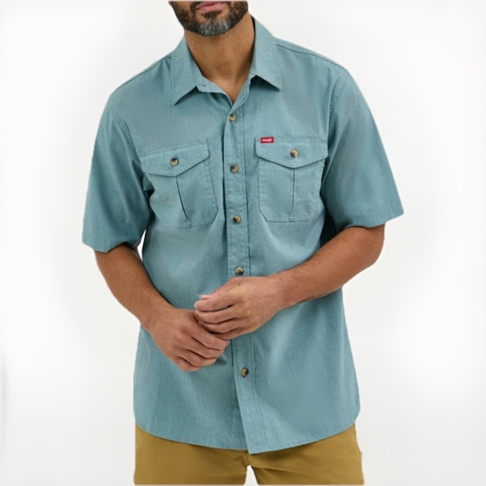 Wrangler® Men's Teal Blue Relaxed Fit Short Sleeve Twill Shirt ‎ Size S NWT